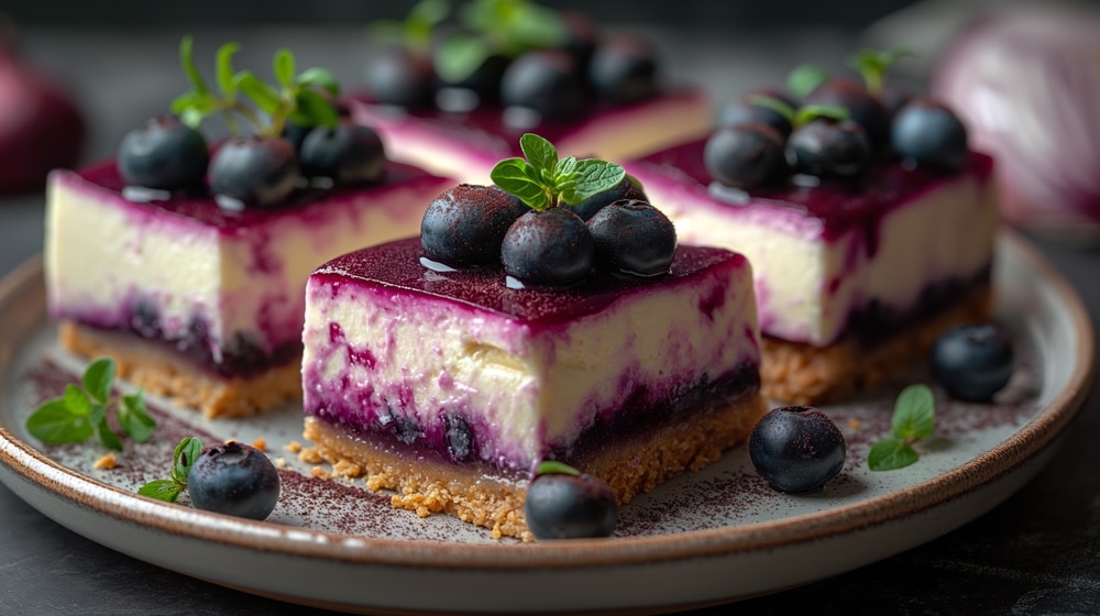 Close up Of Crumble Cheesecake Bars Topped With A Vibrant Blueberry