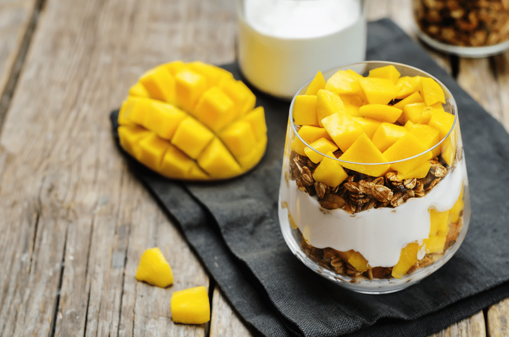 Greek yogurt granola mango parfait