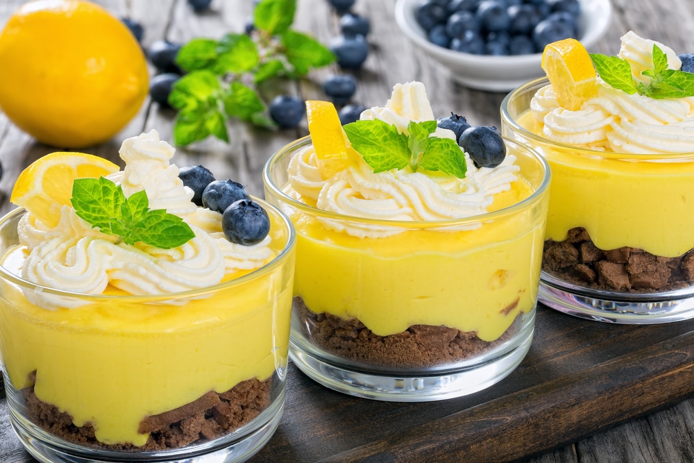 Fresh tasting Summer Dessert Lemon Cheesecake Mousse In Cups Decorated