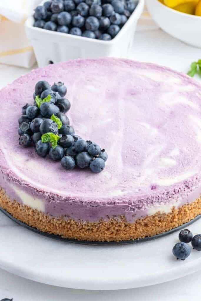 Blueberry Lemon Cheesecake topped with fresh blueberries