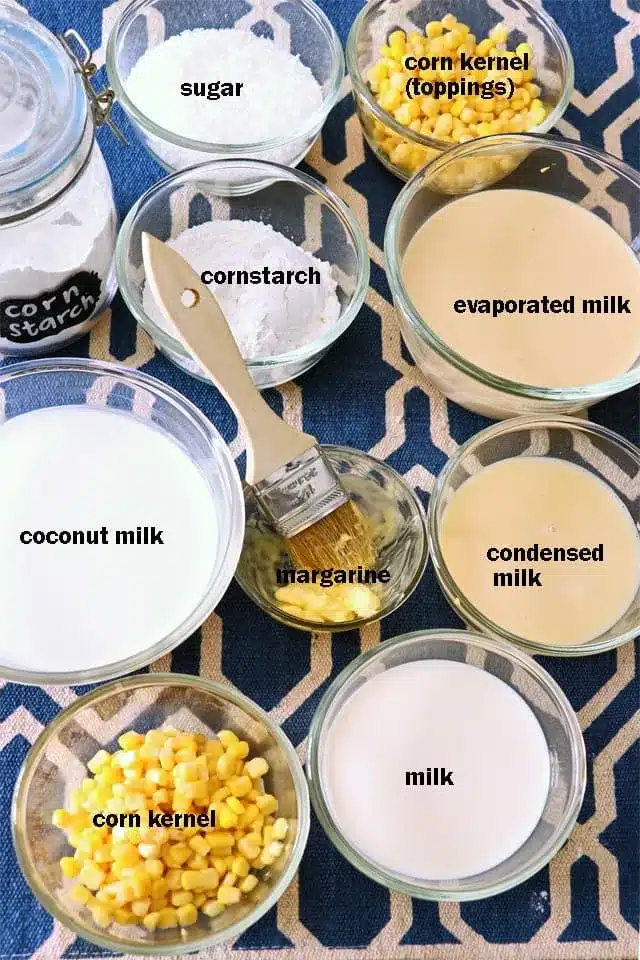 A top view of ingredients labeled for maja dessert recipe