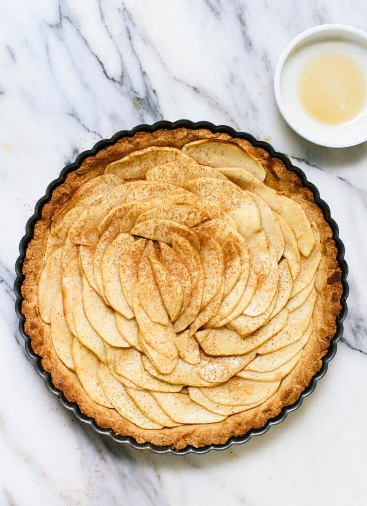 A top view of a gluten free apple tart