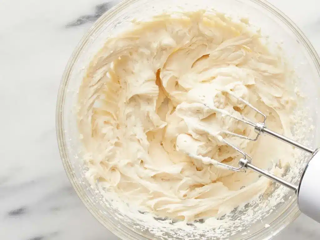 A top view of cream cheese being whipped