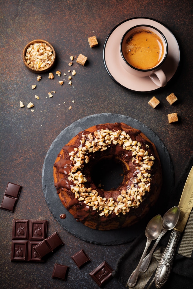 A top view of pumpkin toffee cake with crumbs topping