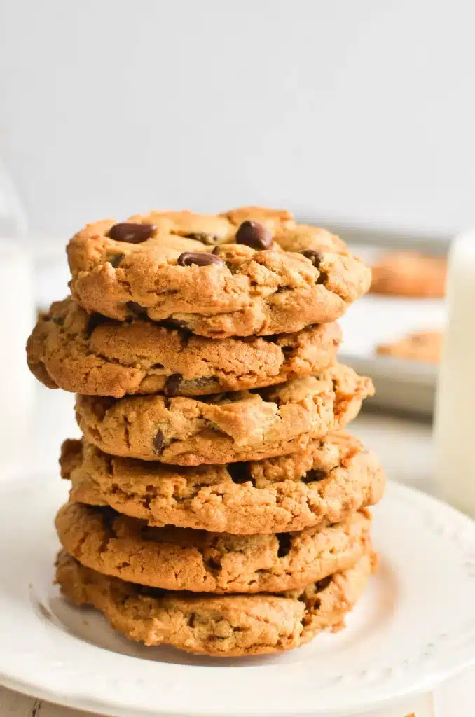 A view of flourless peanut butter chocolate chip cookies piled up