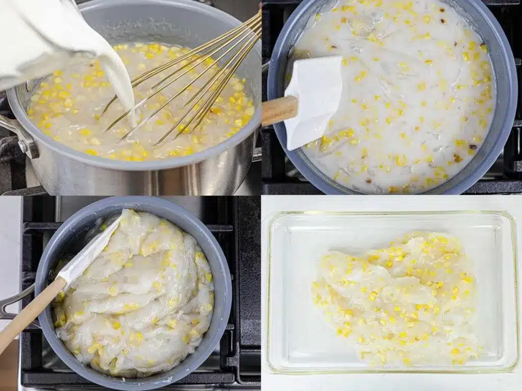 A view of maja dessert cooking method as it is being cooked in a pan and dished out