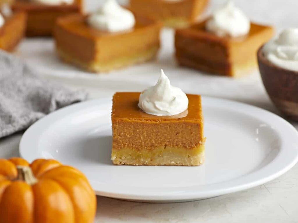 A view of pumpkin pie bars with cream topping