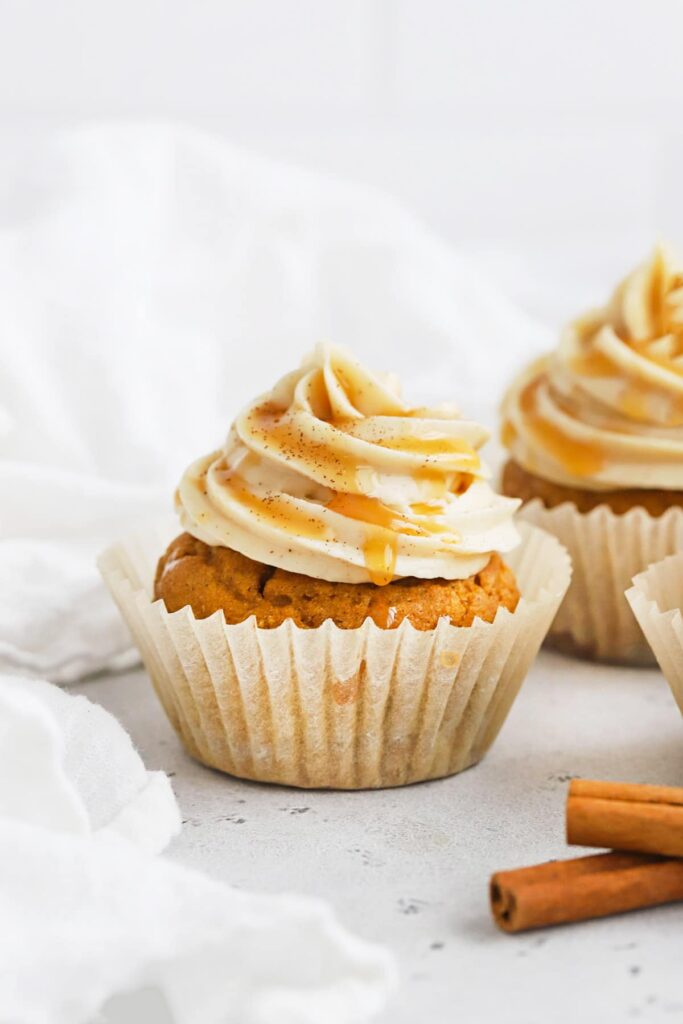 A view of a gluten free pumpkin cupcakes with cream cheese frosting