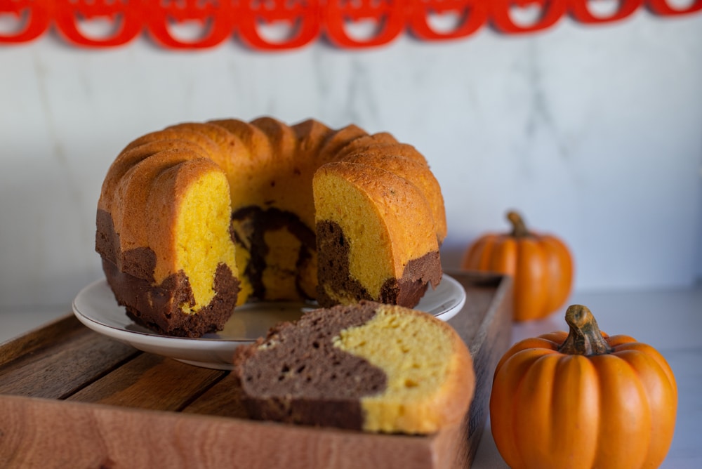 A view of a bundt pumpkin cake