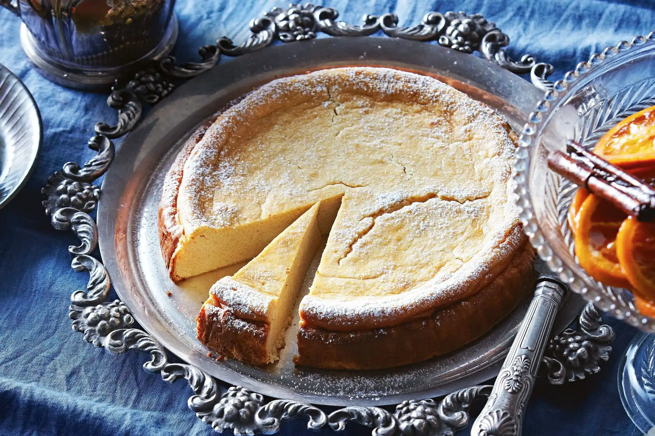 A view of a sliced german cheesecake dished out