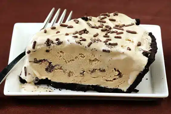 A view of an ice cream pie slice with fork