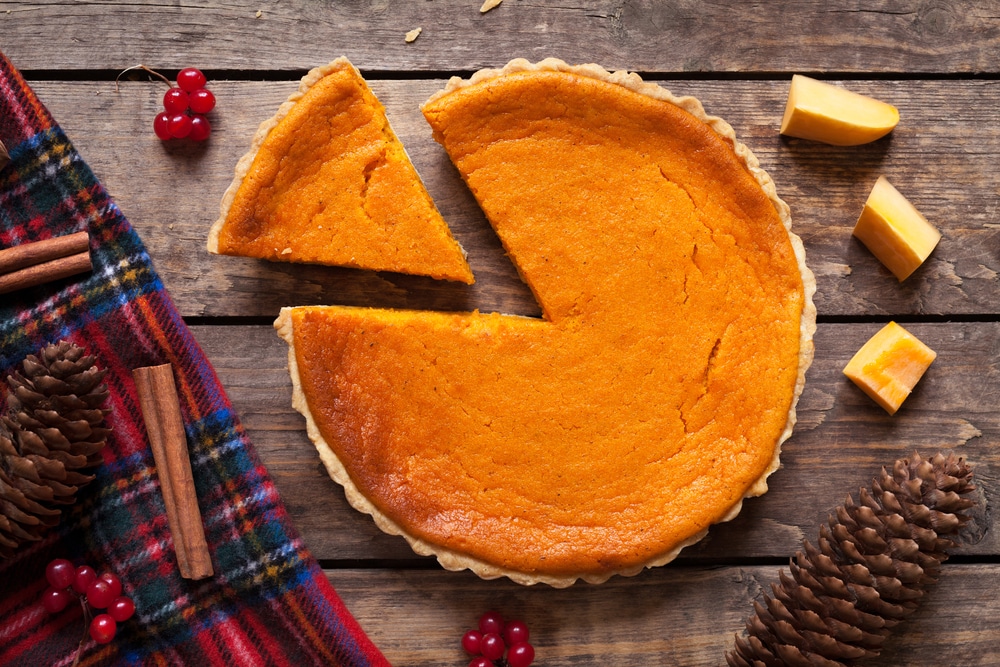 An overhead view of a pumpkin pie