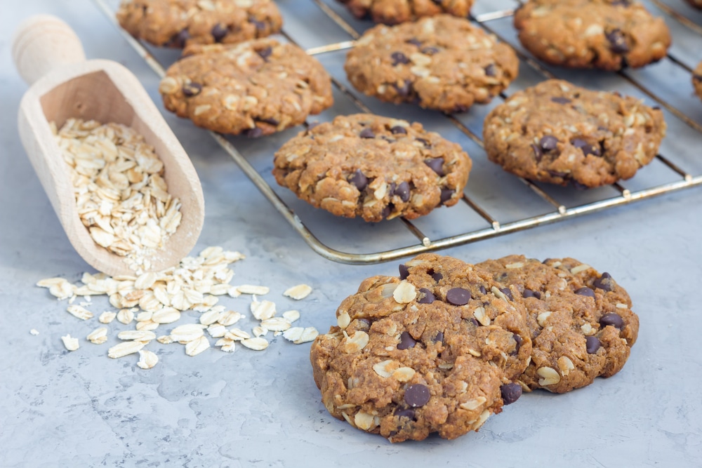 Flourless gluten free peanut butter, oatmeal and chocolate chips cookies on cooling rack