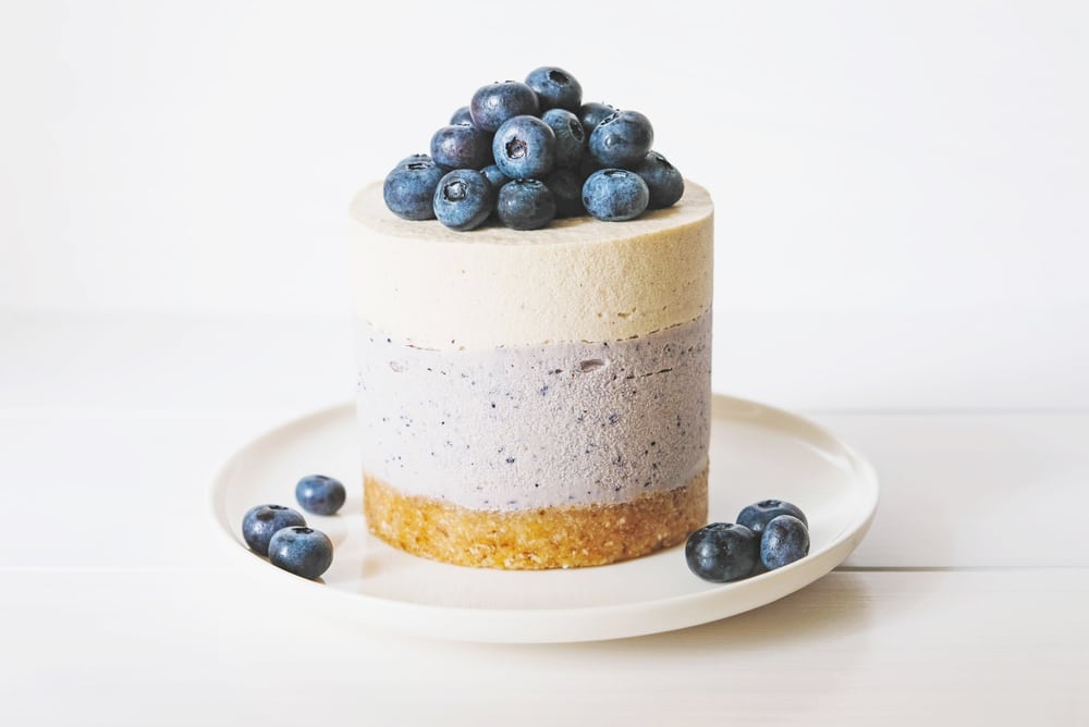 vanilla gluten-free blueberry cheesecake against white background