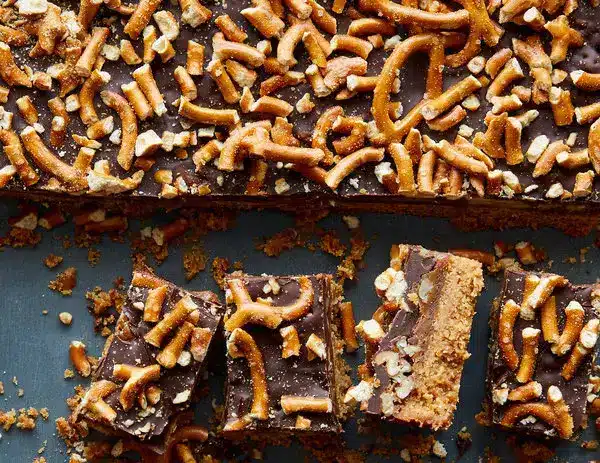 Chocolate Caramel Pretzel Bars cut into squares