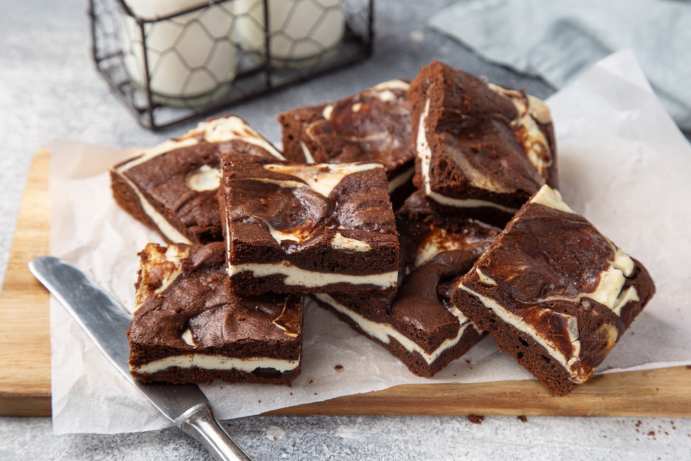 Delicious Cheesecake Brownies Grey Background Selective Focus