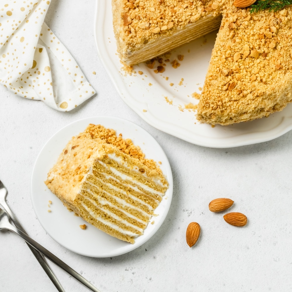 Almond Citrus Homemade Honey Cake On Plate Top View Space