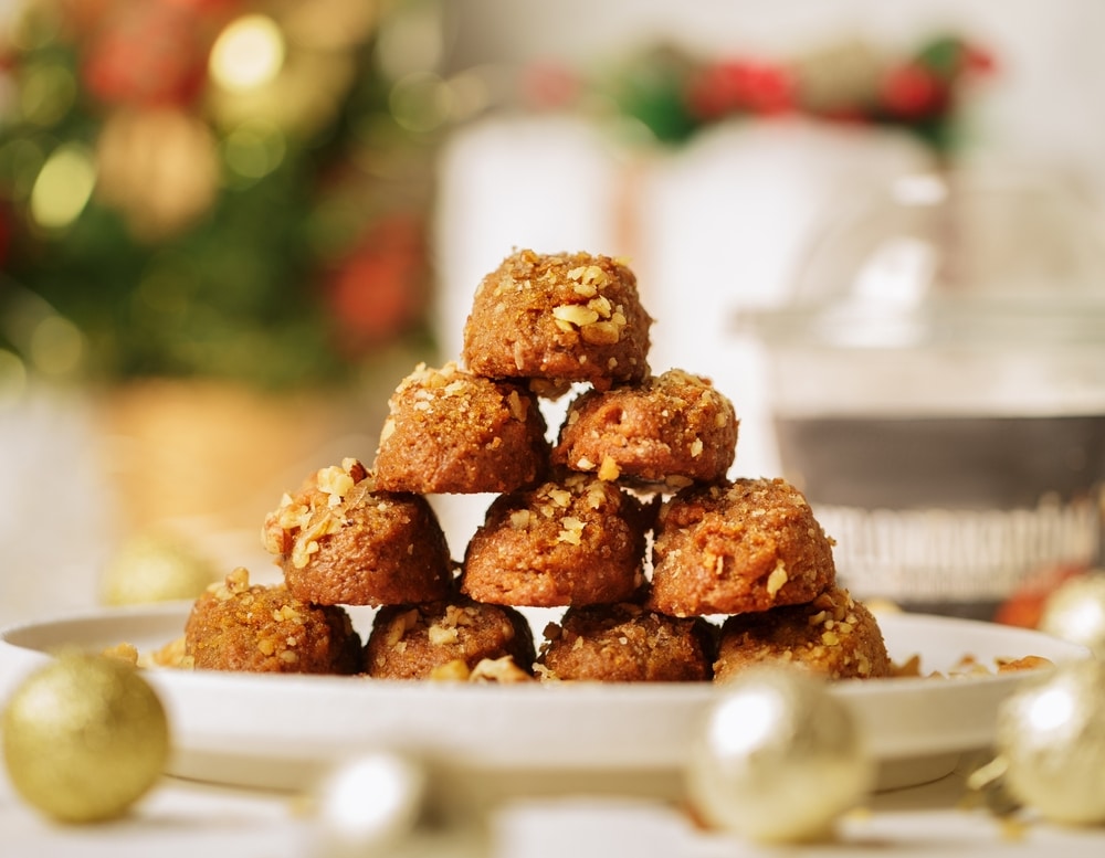 Greek Traditional Christmas Desserts Melomakarona stacked in a plate