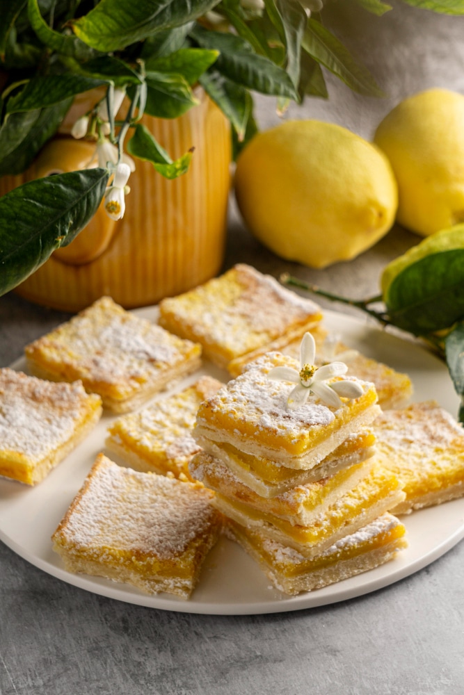 lemon bars cut into squares stacked in a serving dish