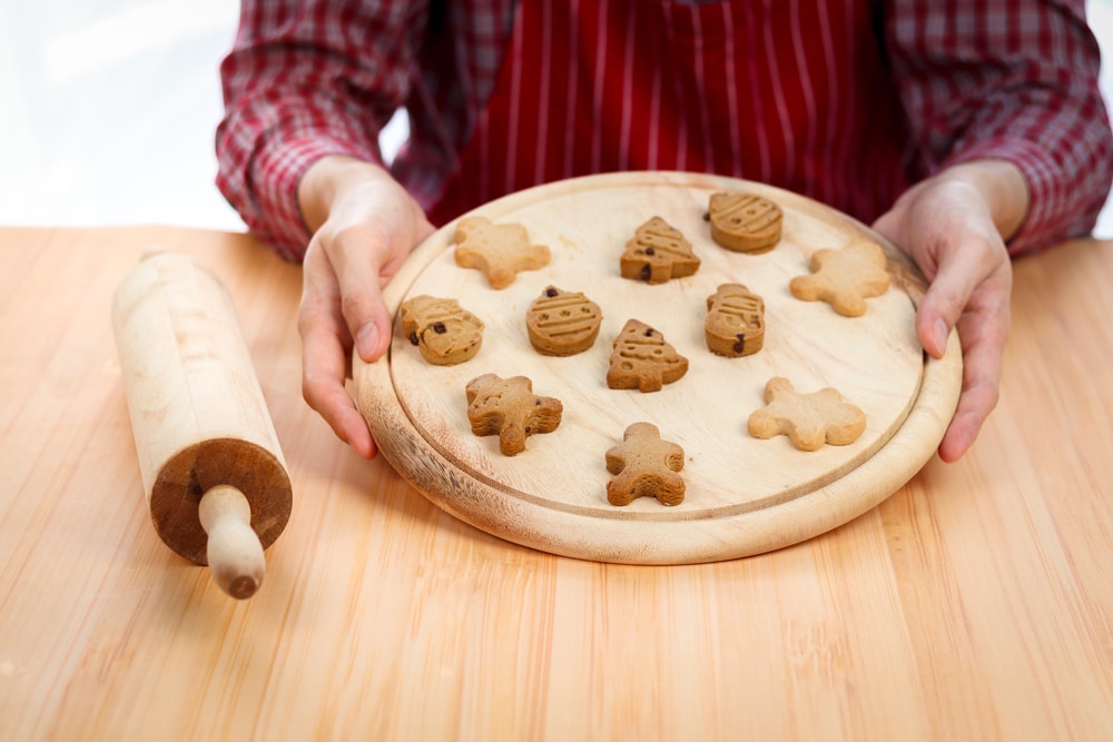 Bakery Man Holding Tray Of Christmas Gingerbread Cookies Homemade