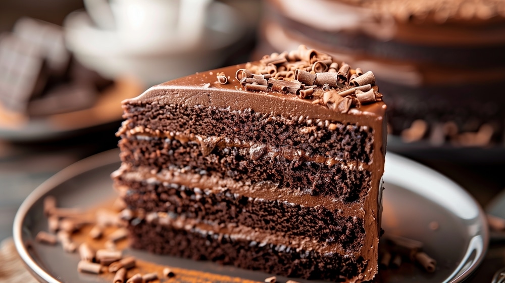  A Slice Of Rich Chocolate Cake garnished with chocolate curls