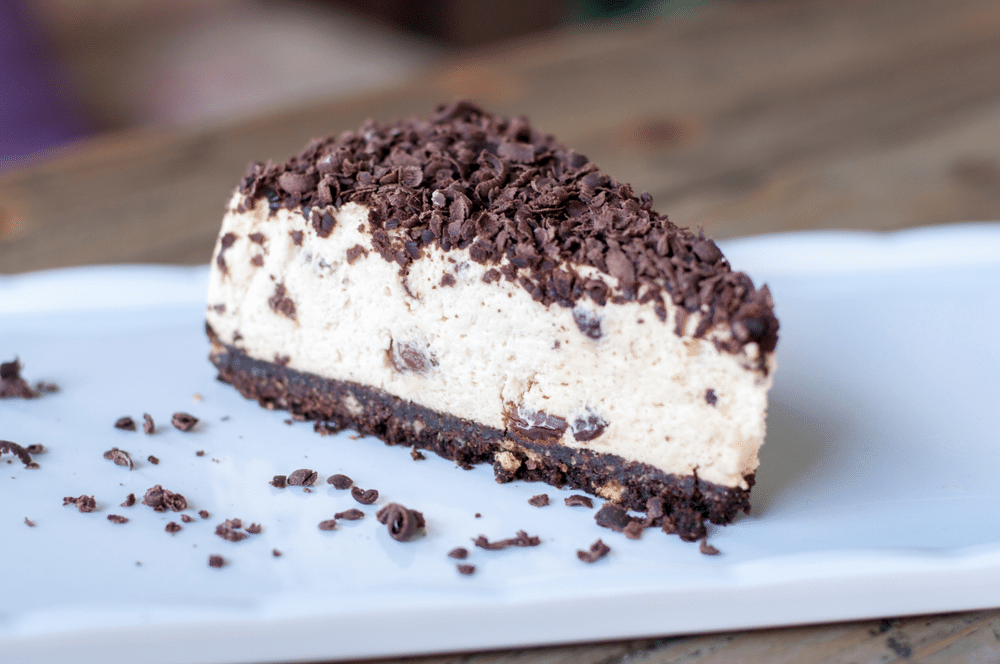 Baileys Cake with chocolate pieces on wood