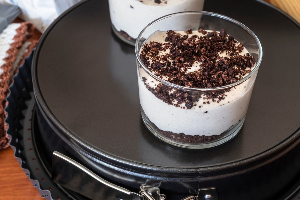 Oreo Cheesecake Glass Of Mascarpone Cream Cheese With Pieces Of