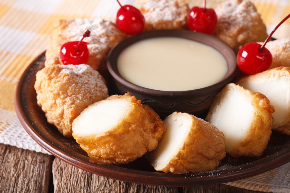 Dessert Leche Frita With Condensed Milk And Cherries On A