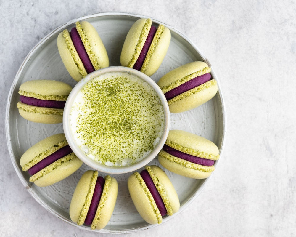 Matcha Tea And French Macarons With Black Currant Ganache Filling